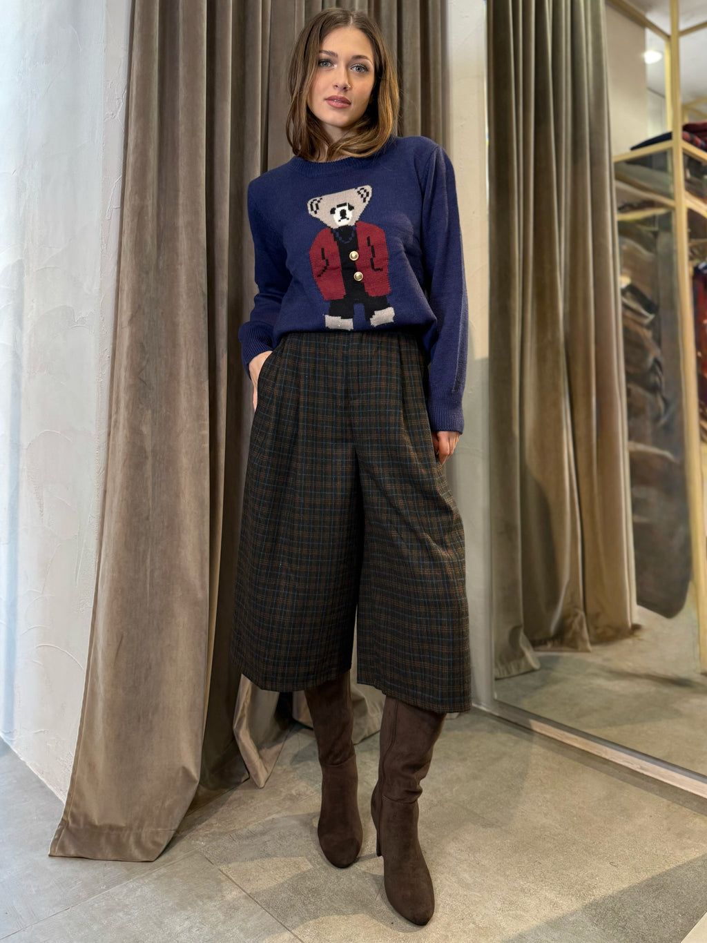 Pantaloni culotte a quadri nero-azzurro-ruggine