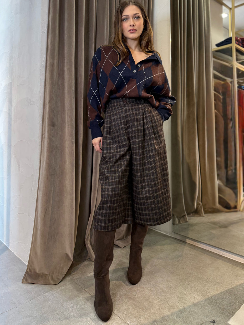 Pantaloni culotte a quadri marrone-beige-azzurro